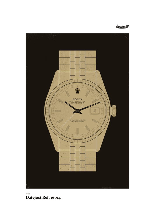 Rolex Datejust art print — Gold illustration on a dark background, unframed