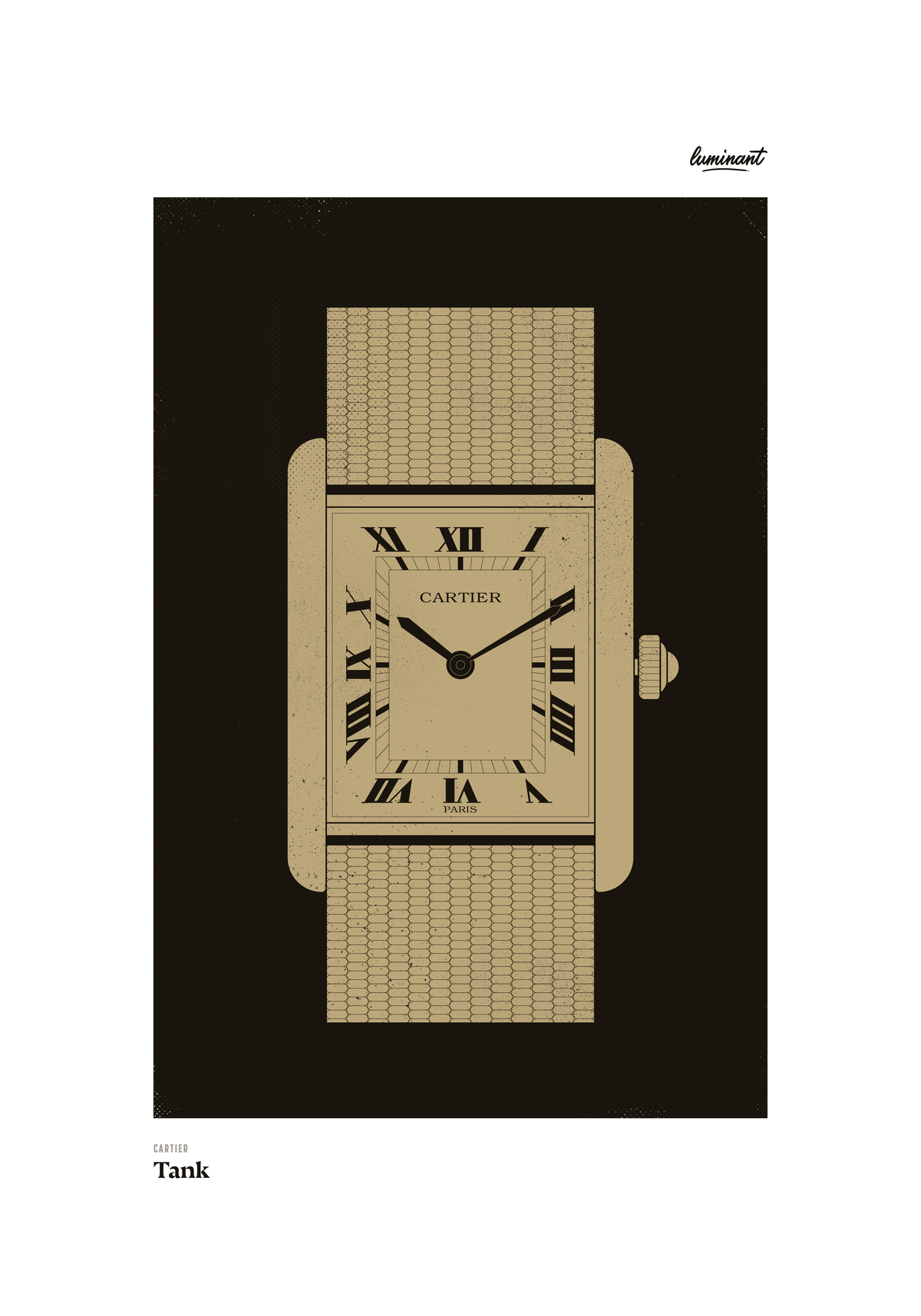 Cartier Tank art print — Gold illustration on a dark background, unframed