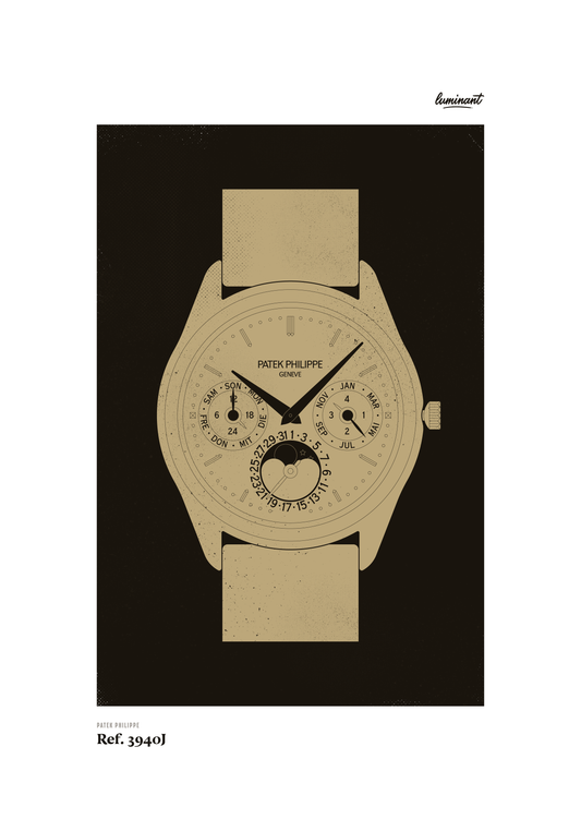 Patek Philippe 3940 art print — Gold illustration on a dark background, unframed