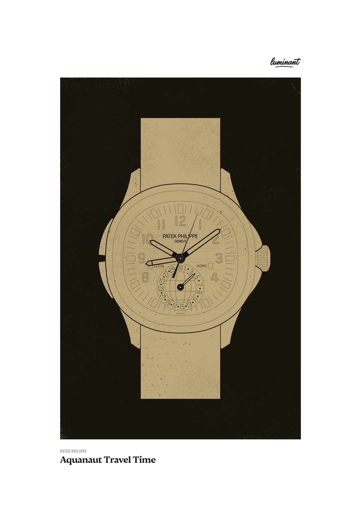 Patek Philippe Aquanaut art print — Gold illustration on a dark background, unframed