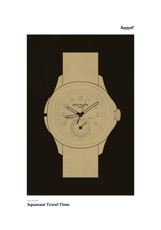 Patek Philippe Aquanaut art print — Gold illustration on a dark background, unframed