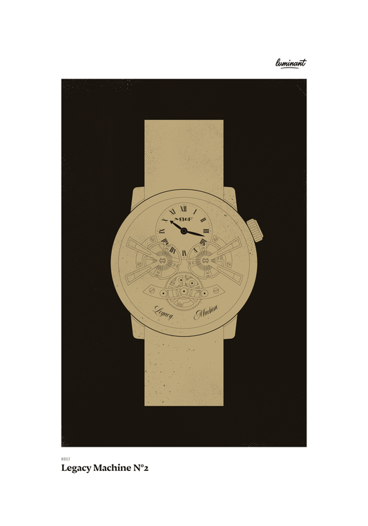 MB&F Legacy Machine No. 2 art print — Gold illustration on a dark background, unframed