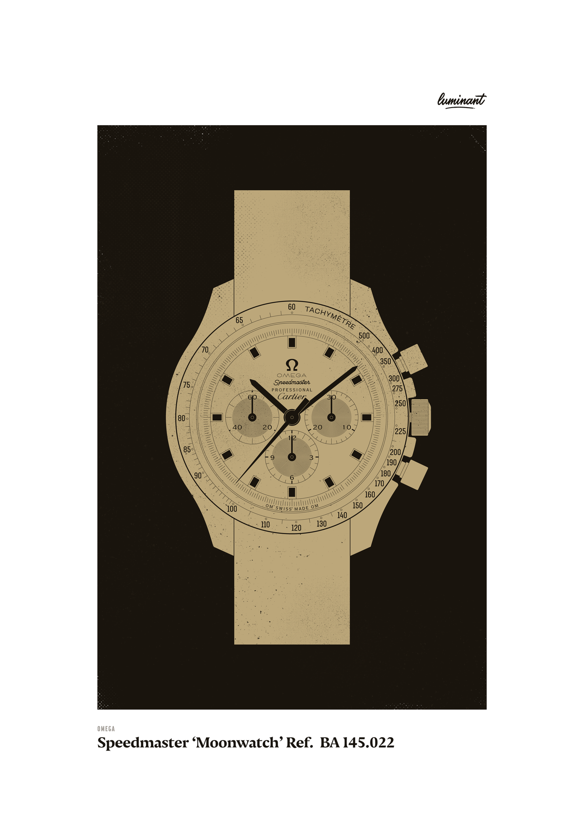 Omega Speedmaster art print — Gold illustration on a dark background, unframed