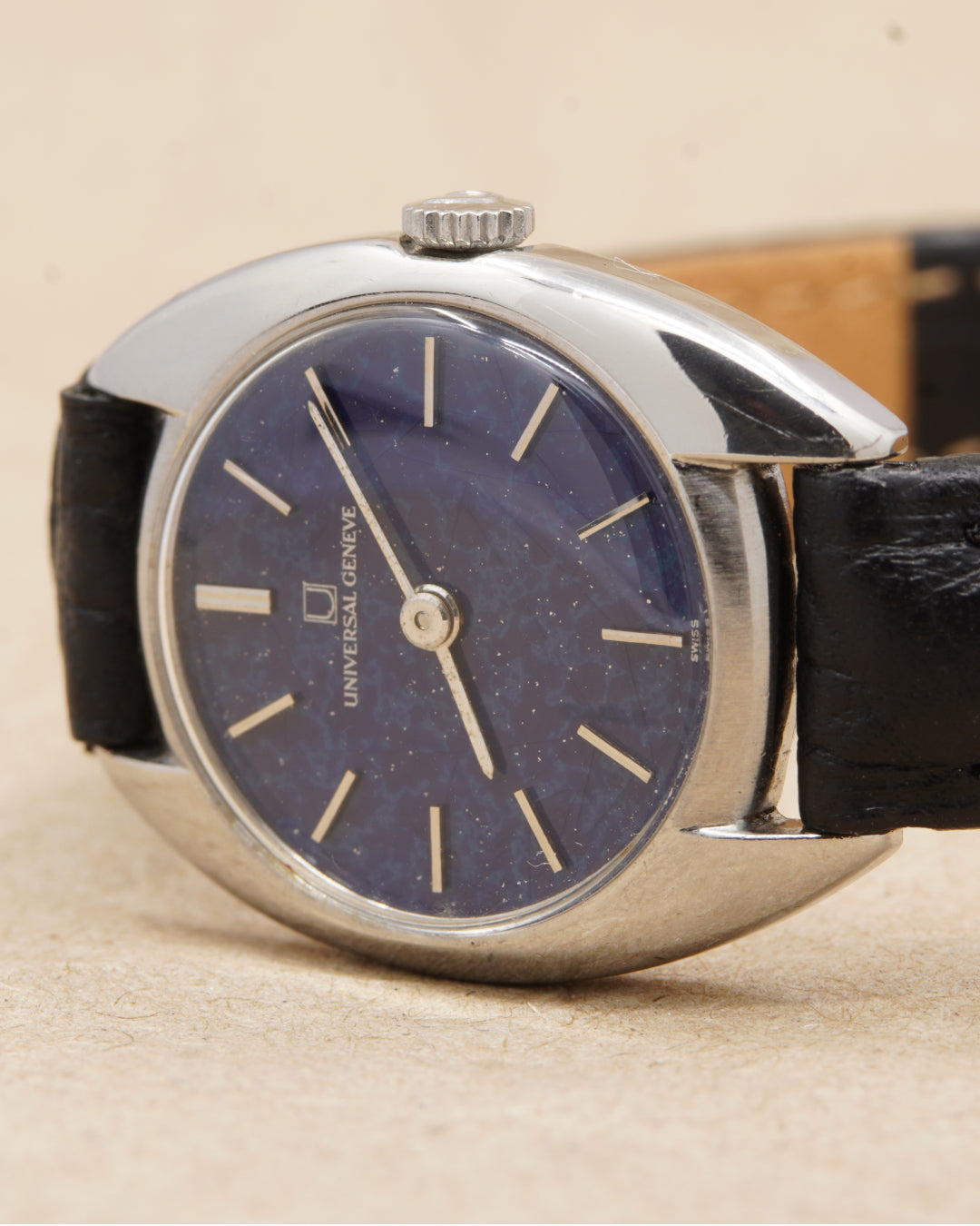 Universal Genève Lapis Lazuli — angled close-up of the lapis lazuli dial and case