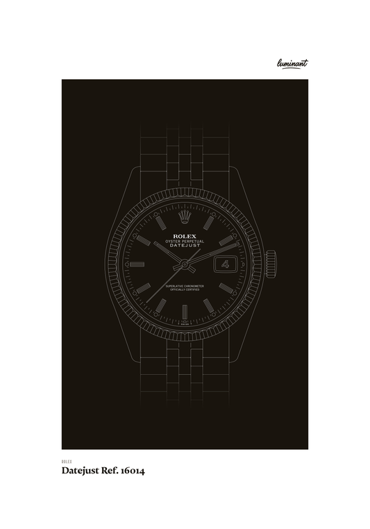 Rolex Datejust art print — Monochrome illustration on a dark background, unframed