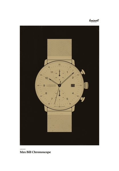 Junghans Max Bill Chronoscope art print — Gold illustration on a dark background, unframed