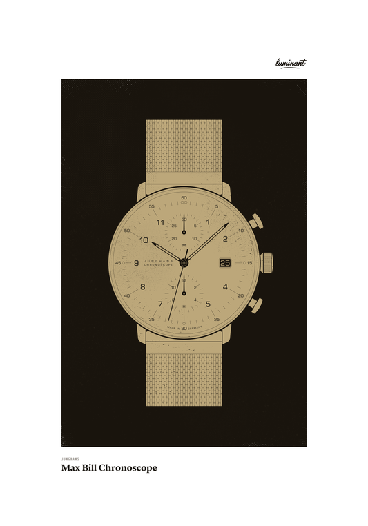 Junghans Max Bill Chronoscope art print — Gold illustration on a dark background, unframed