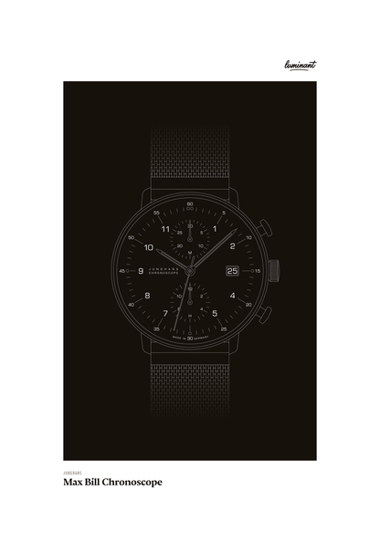 Junghans Max Bill Chronoscope art print — Monochrome illustration on a dark background, unframed