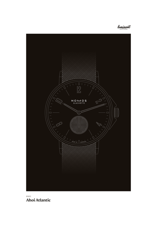 NOMOS Ahoi art print — Monochrome illustration on a dark background, unframed