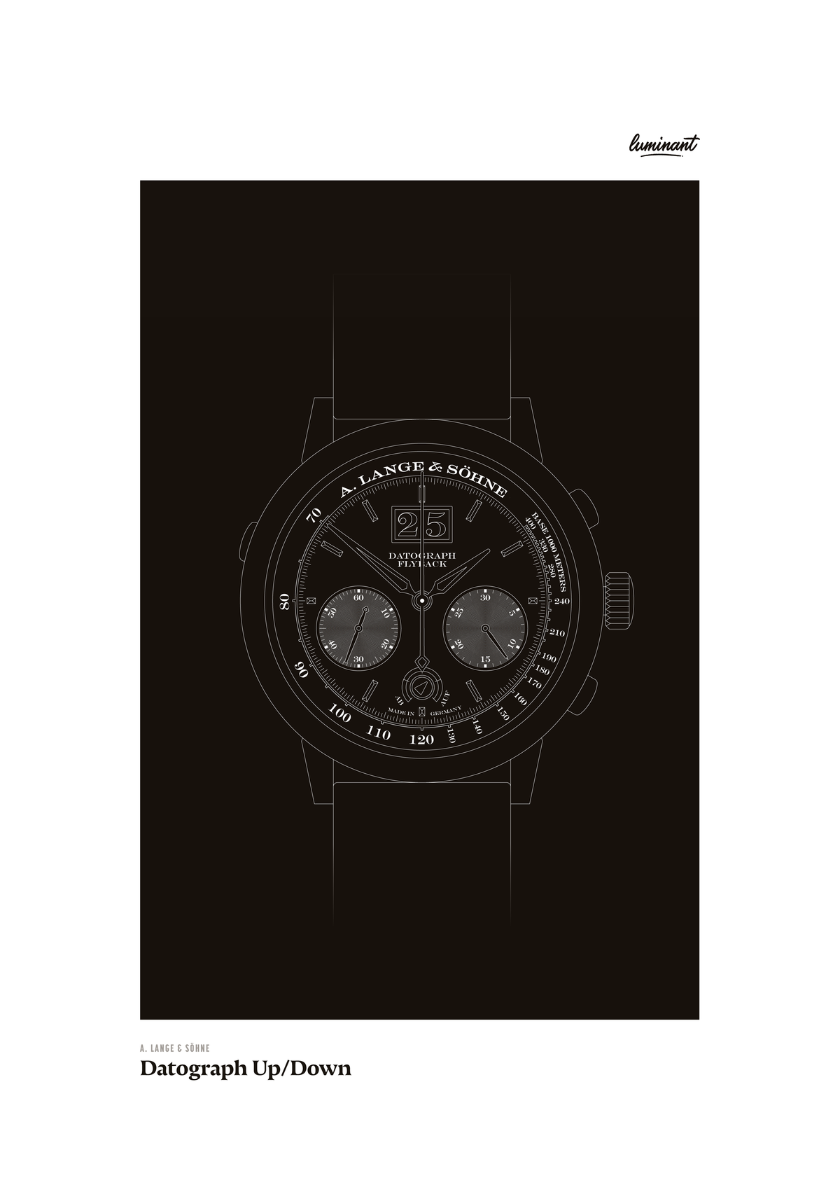 A. Lange & Söhne Datograph art print — Monochrome illustration on a dark background, unframed