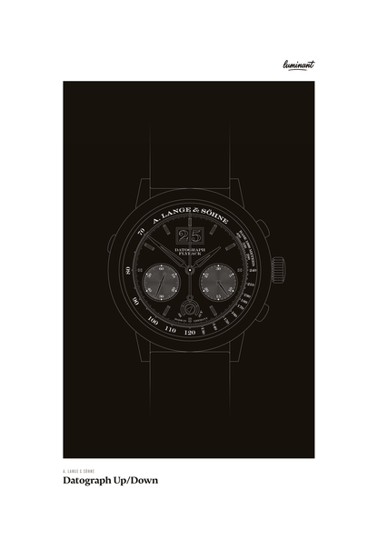 A. Lange & Söhne Datograph art print — Monochrome illustration on a dark background, unframed