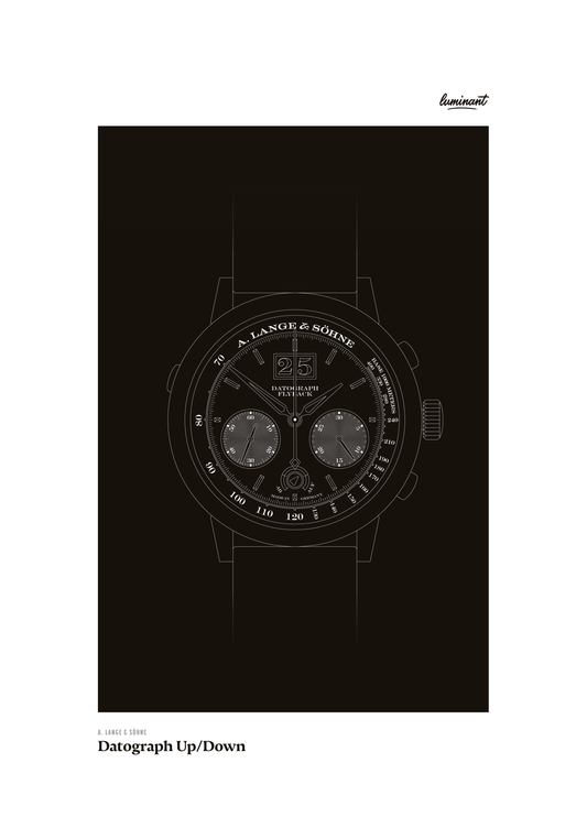 A. Lange & Söhne Datograph art print — Monochrome illustration on a dark background, unframed