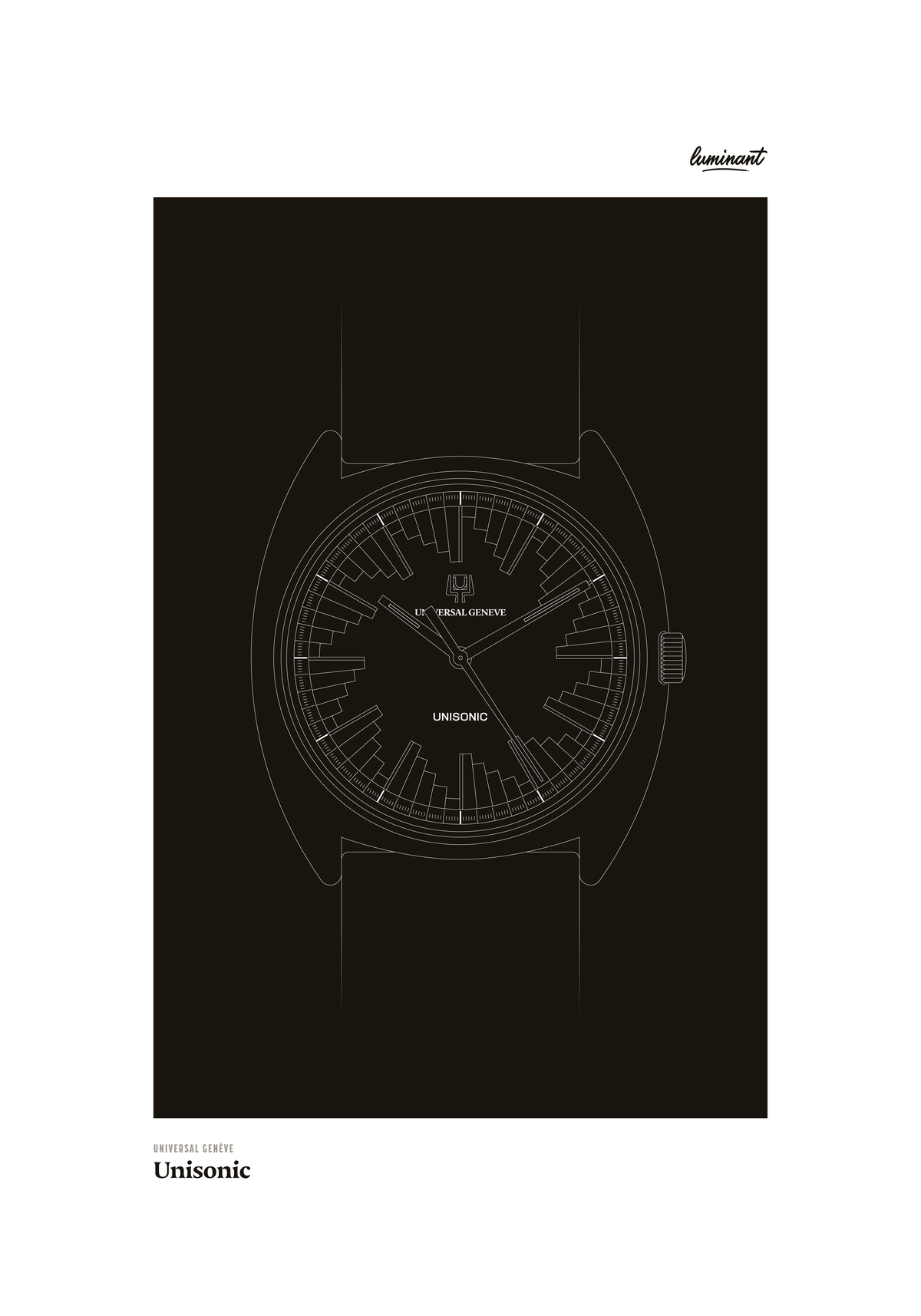 Universal Genève Unisonic art print — Monochrome illustration on a dark background, unframed
