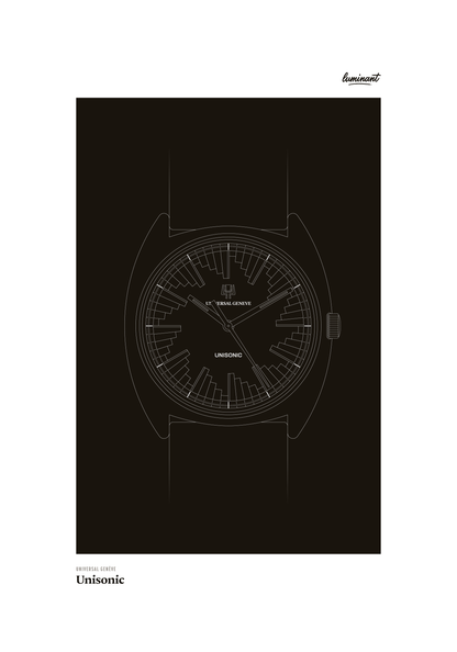 Universal Genève Unisonic art print — Monochrome illustration on a dark background, unframed