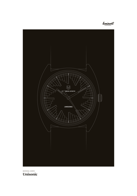 Universal Genève Unisonic art print — Monochrome illustration on a dark background, unframed
