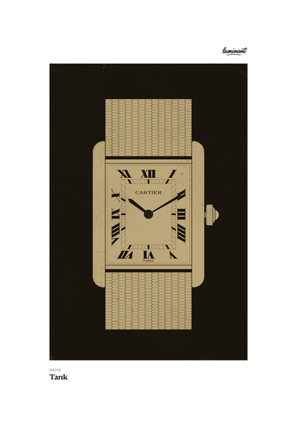 Cartier Tank art print — Gold illustration on a dark background, unframed