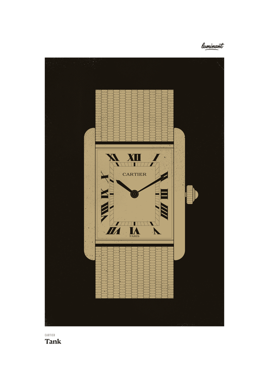 Cartier Tank art print — Gold illustration on a dark background, unframed