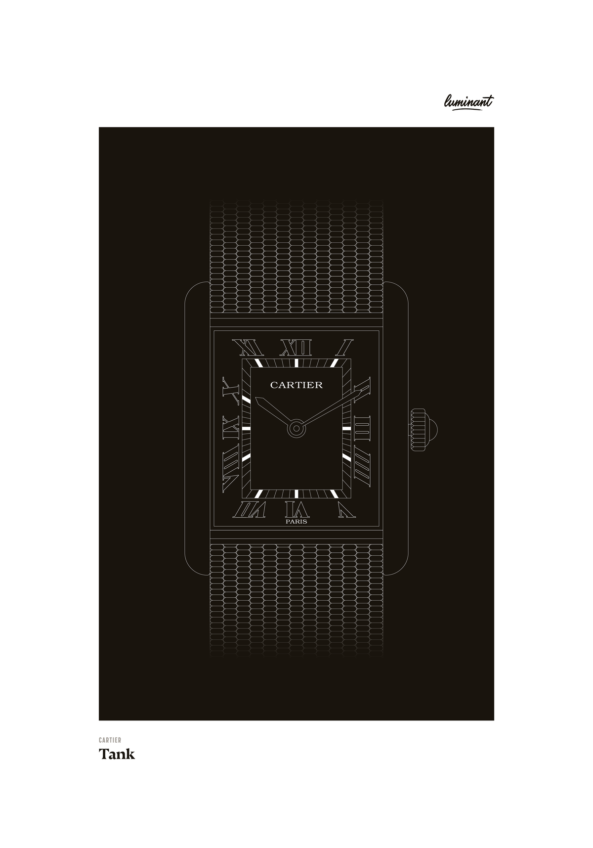 Cartier Tank art print — Monochrome illustration on a dark background, unframed
