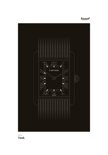 Cartier Tank art print — Monochrome illustration on a dark background, unframed