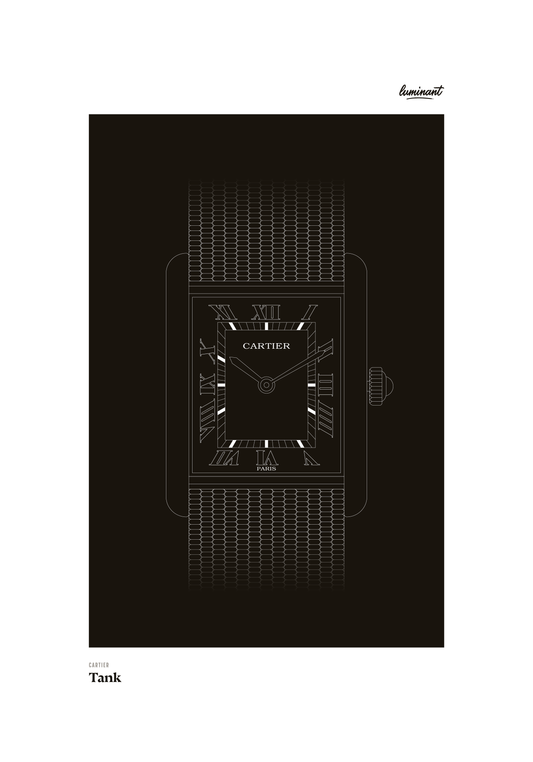 Cartier Tank art print — Monochrome illustration on a dark background, unframed