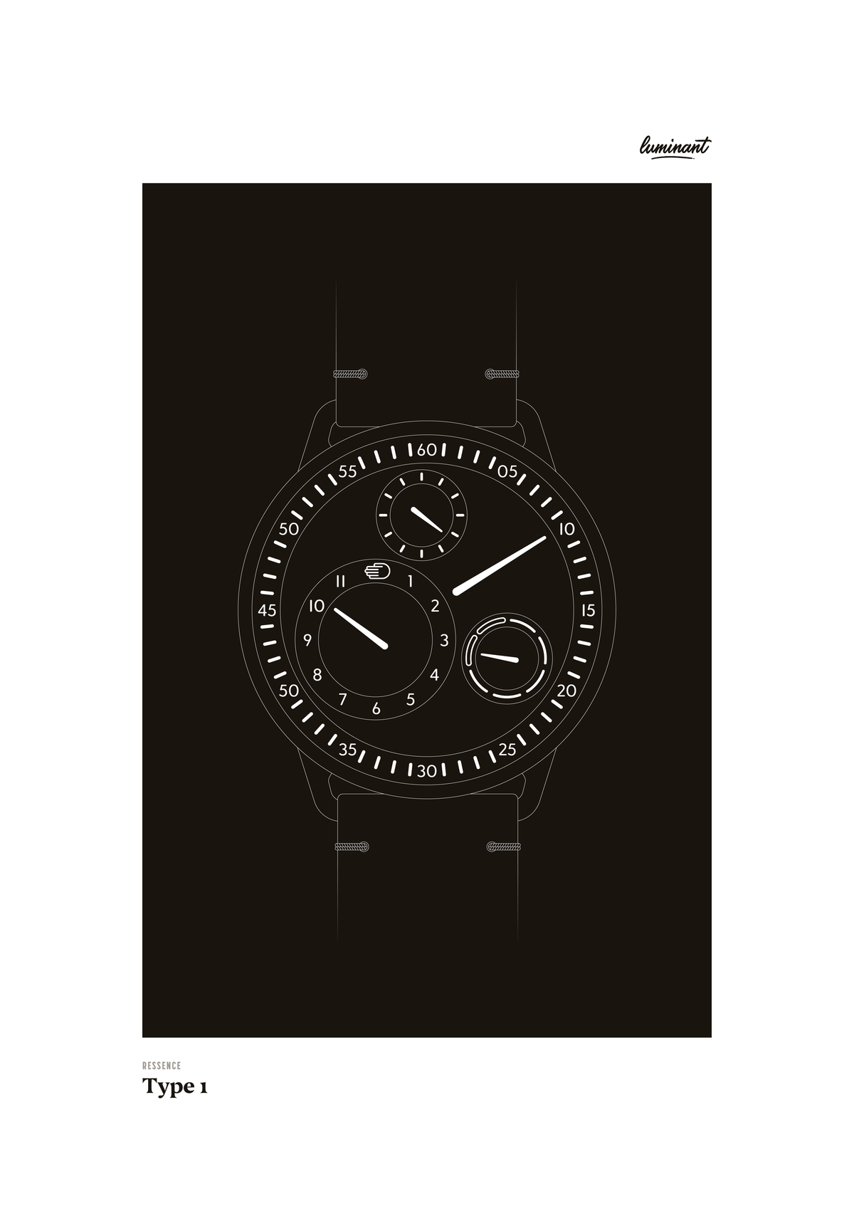 Ressence Type 1 art print — Monochrome illustration on a dark background, unframed