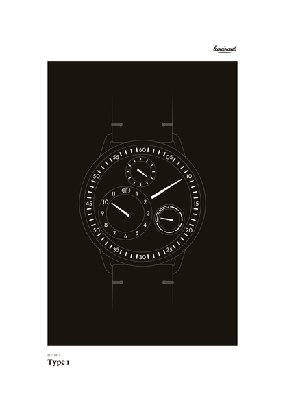 Ressence Type 1 art print — Monochrome illustration on a dark background, unframed