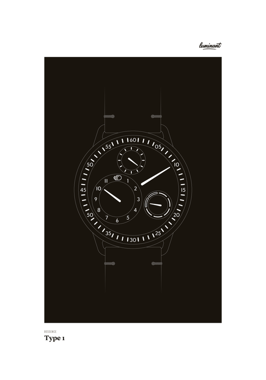 Ressence Type 1 art print — Monochrome illustration on a dark background, unframed