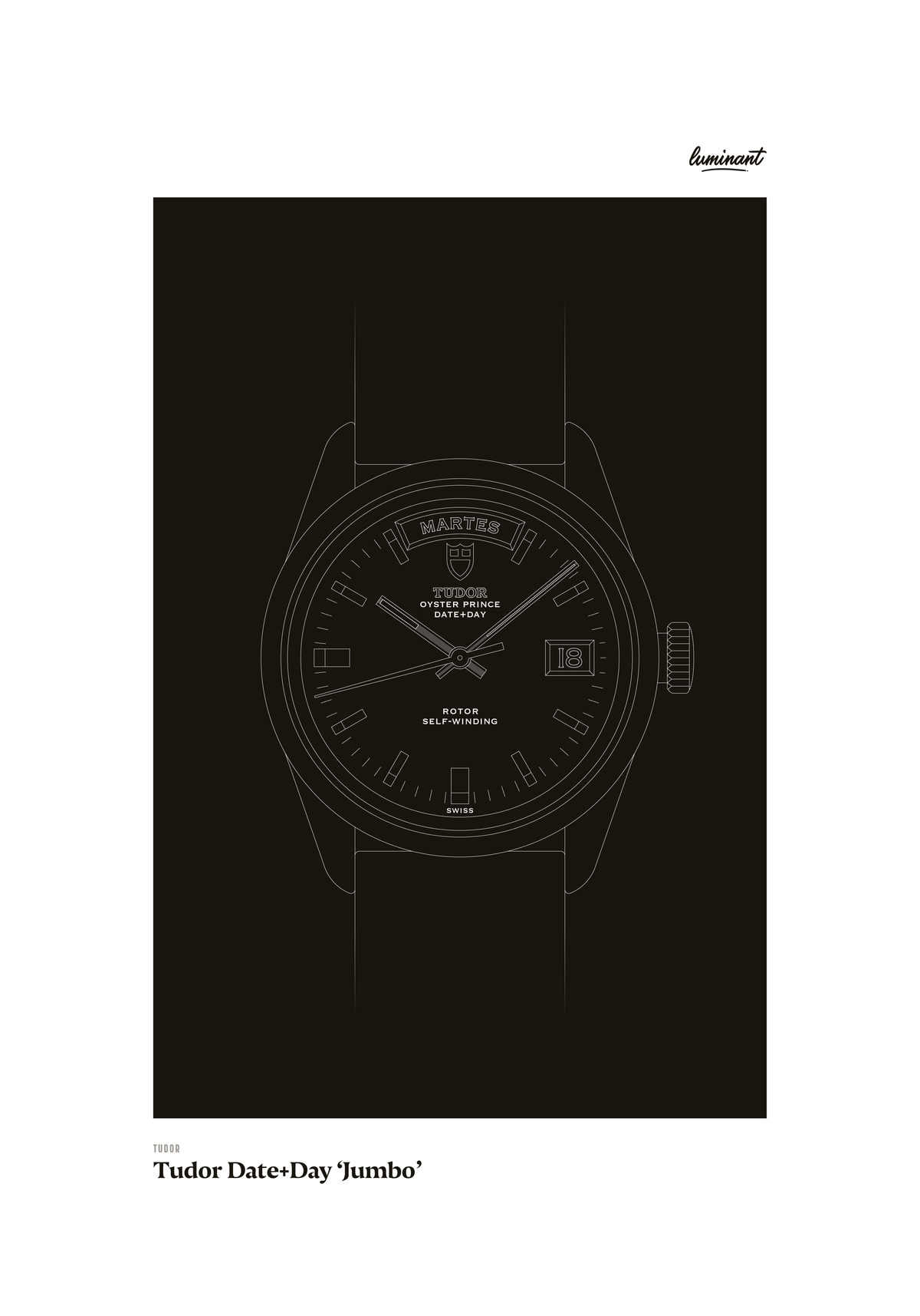 Tudor Jumbo art print — Monochrome illustration on a dark background, unframed