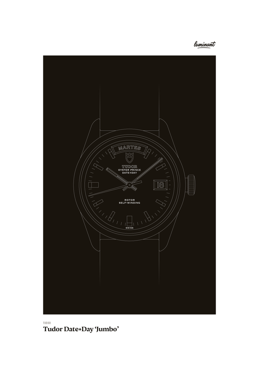 Tudor Jumbo art print — Monochrome illustration on a dark background, unframed