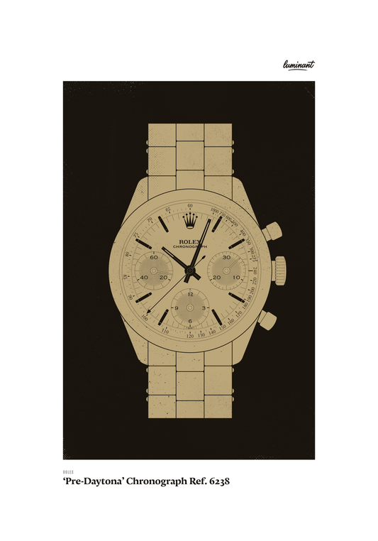 Rolex Pre-Daytona art print — Gold illustration on a dark background, unframed