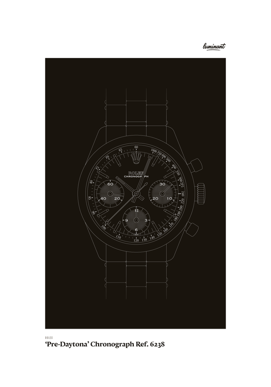 Rolex Pre-Daytona art print — Monochrome illustration on a dark background, unframed
