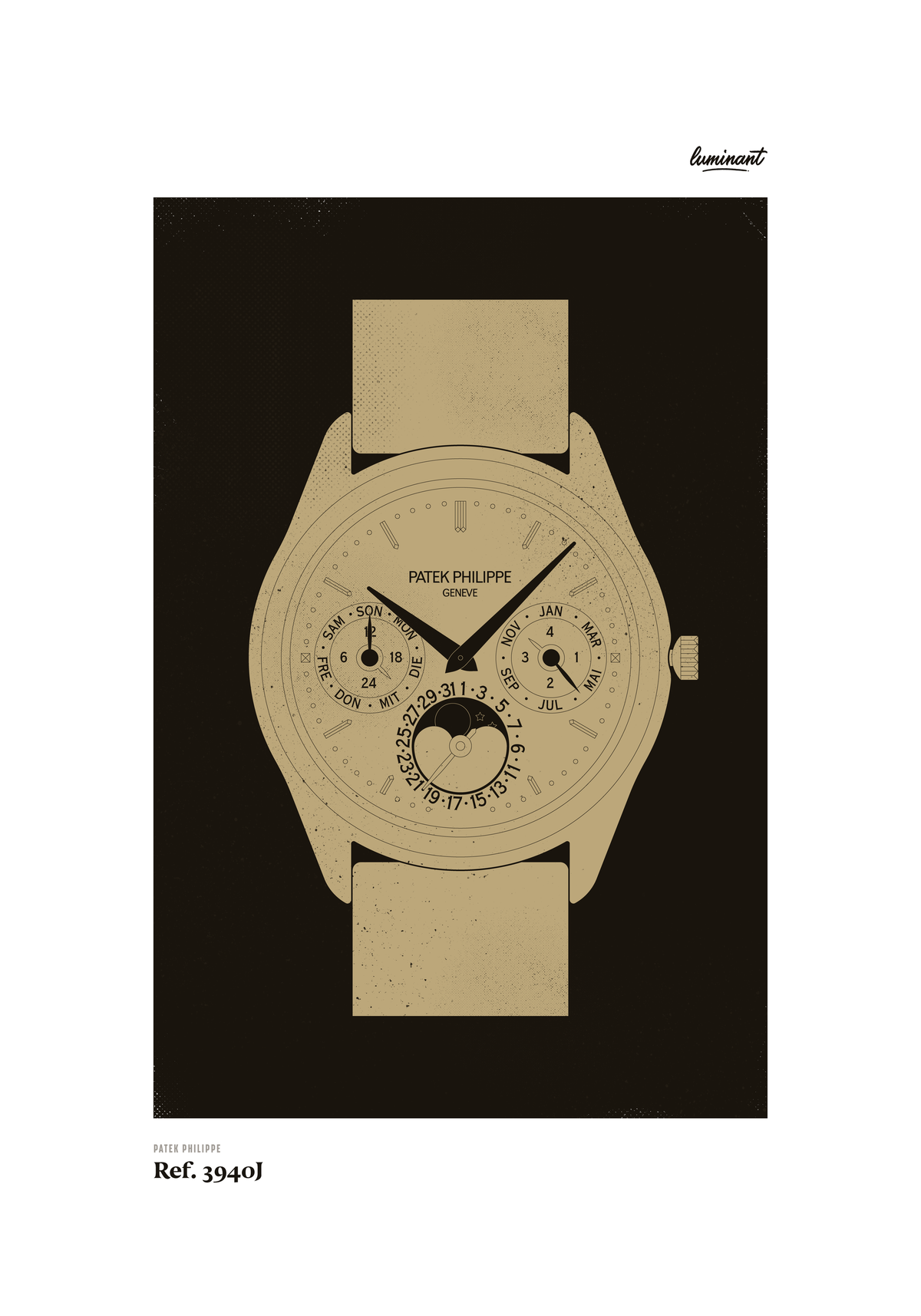 Patek Philippe 3940 art print — Gold illustration on a dark background, unframed