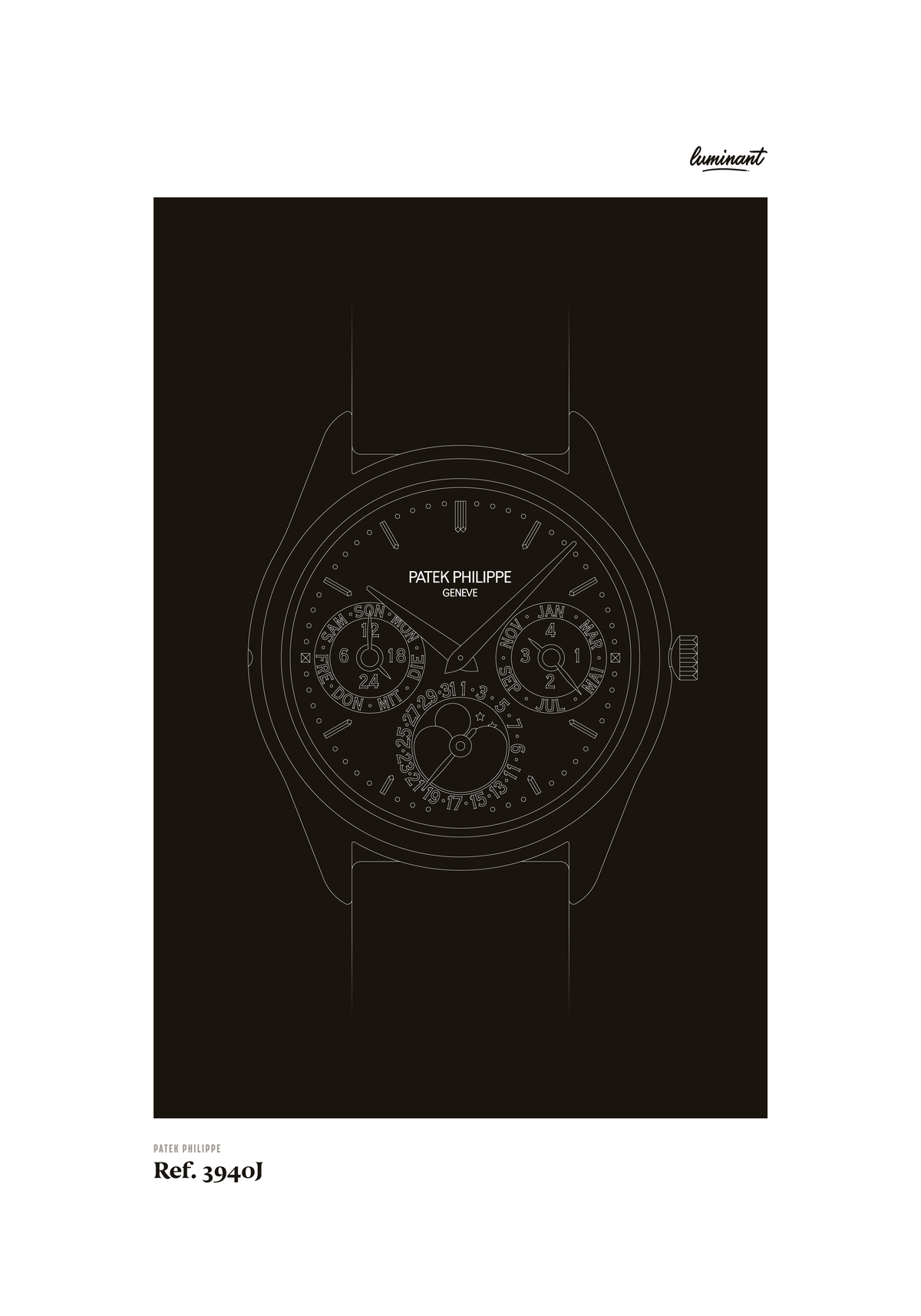 Patek Philippe 3940 art print — Monochrome illustration on a dark background, unframed