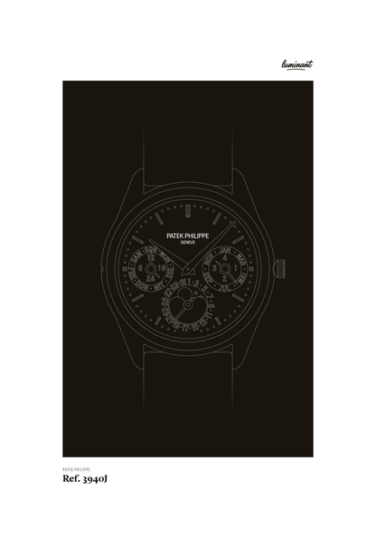 Patek Philippe 3940 art print — Monochrome illustration on a dark background, unframed