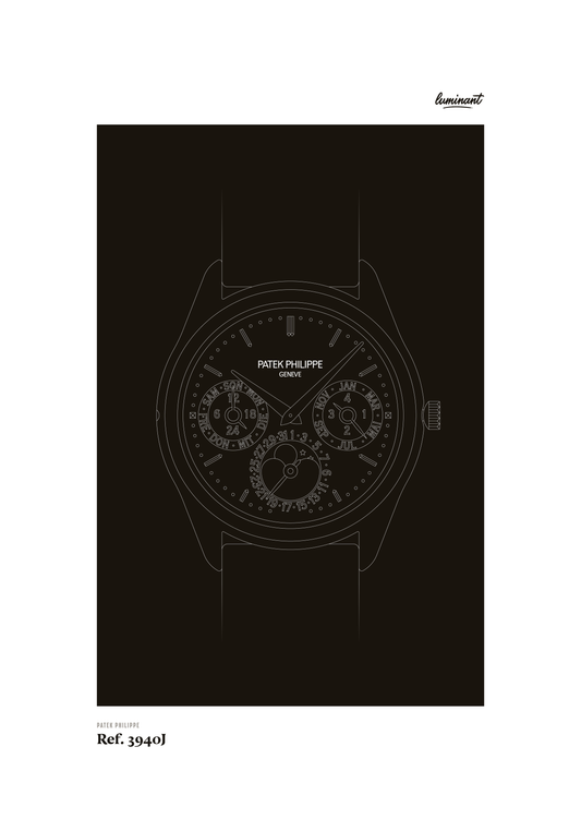 Patek Philippe 3940 art print — Monochrome illustration on a dark background, unframed