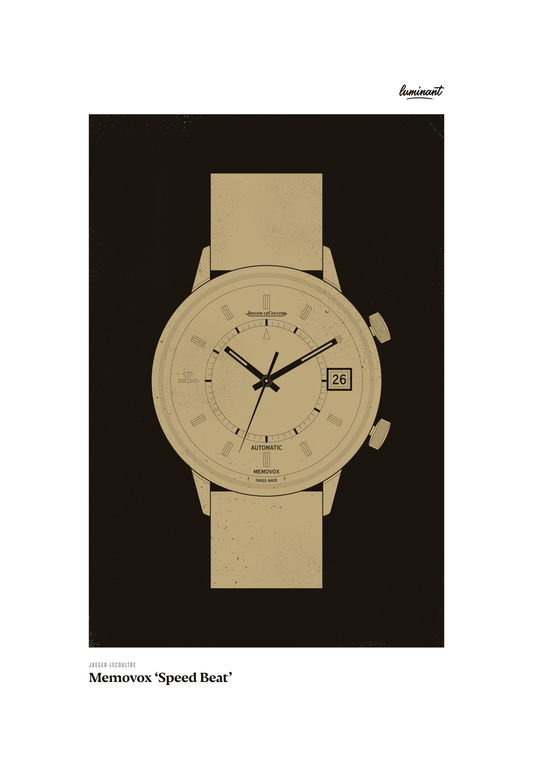 Jaeger-LeCoultre Memovox art print — Gold illustration on a dark background, unframed