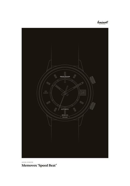 Jaeger-LeCoultre Memovox art print — Monochrome illustration on a dark background, unframed