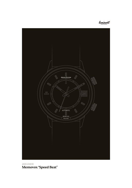 Jaeger-LeCoultre Memovox art print — Monochrome illustration on a dark background, unframed