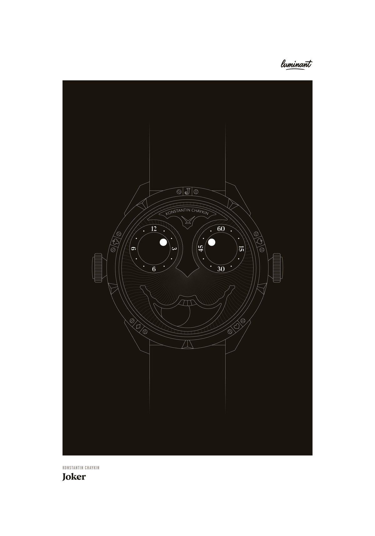 Konstantin Chaykin Joker art print — Monochrome illustration on a dark background, unframed
