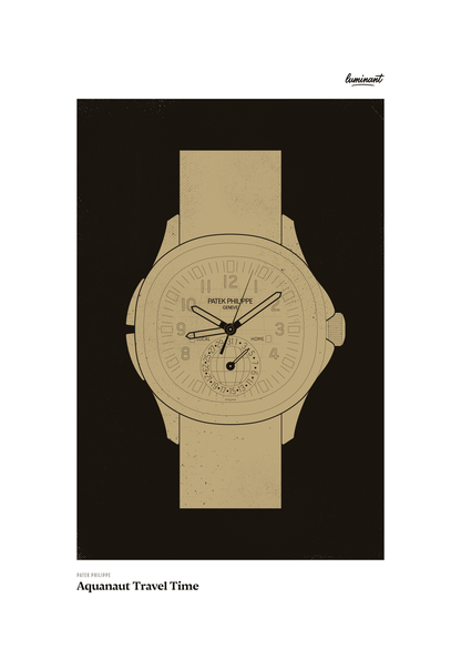 Patek Philippe Aquanaut art print — Gold illustration on a dark background, unframed