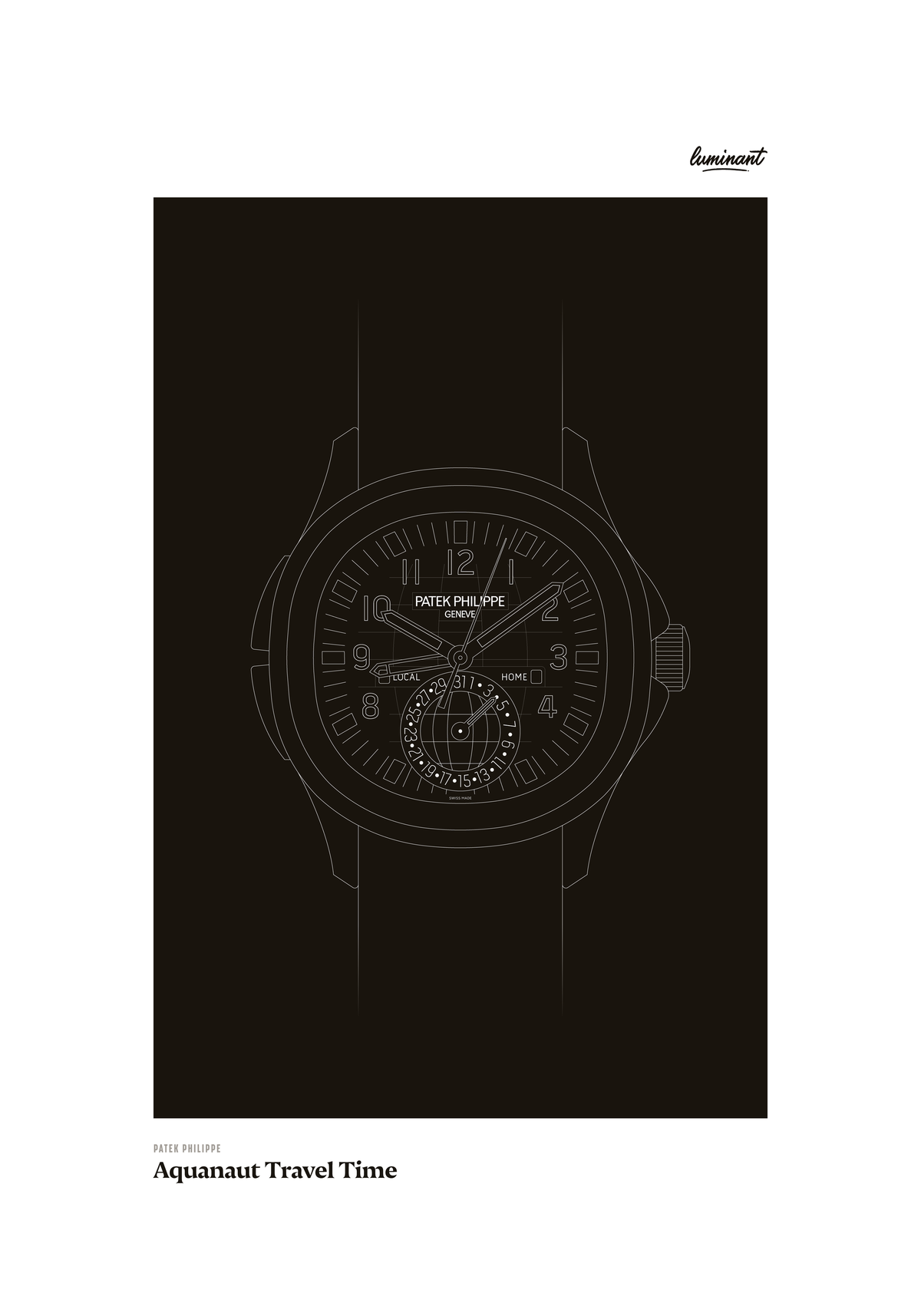 Patek Philippe Aquanaut art print — Monochrome illustration on a dark background, unframed