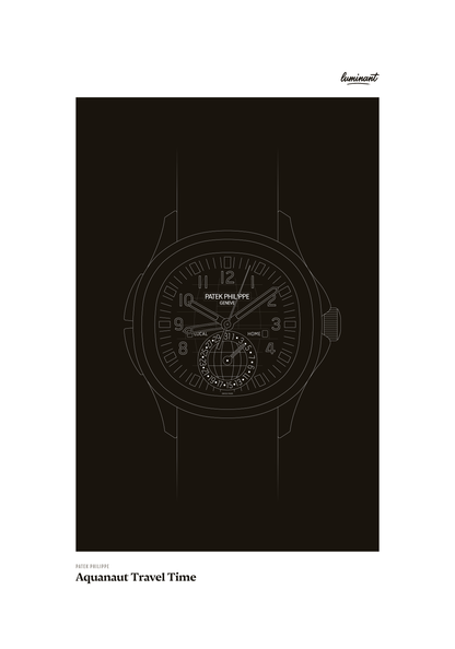 Patek Philippe Aquanaut art print — Monochrome illustration on a dark background, unframed