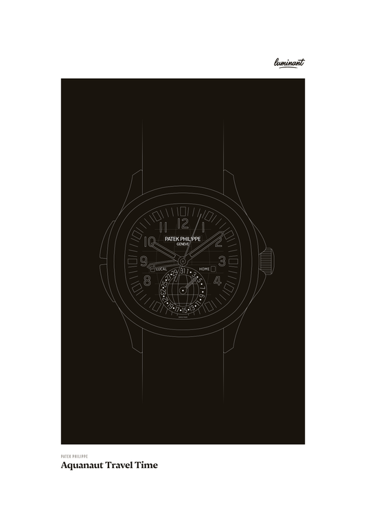 Patek Philippe Aquanaut art print — Monochrome illustration on a dark background, unframed