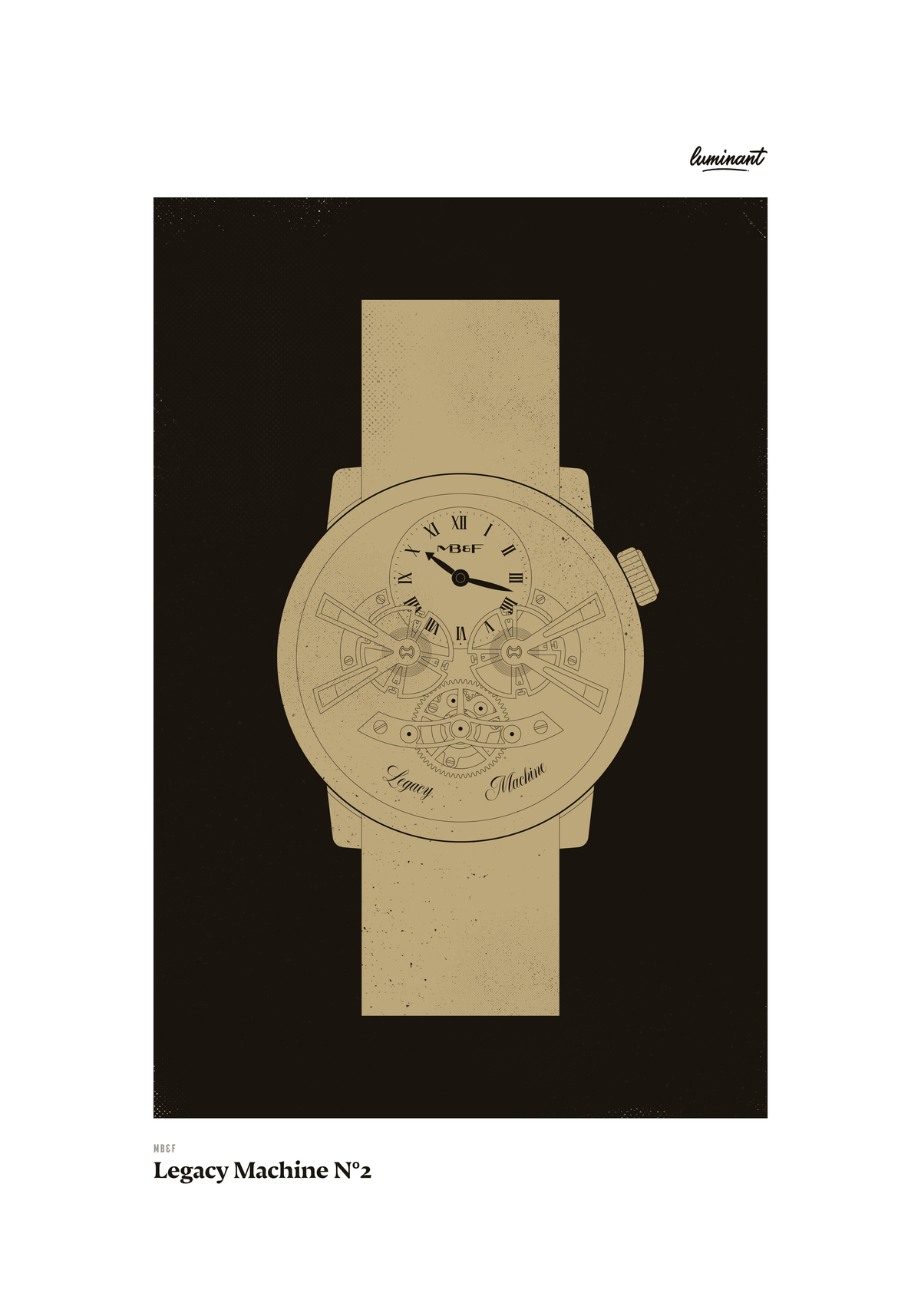 MB&F Legacy Machine No. 2 art print — Gold illustration on a dark background, unframed