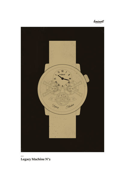 MB&F Legacy Machine No. 2 art print — Gold illustration on a dark background, unframed