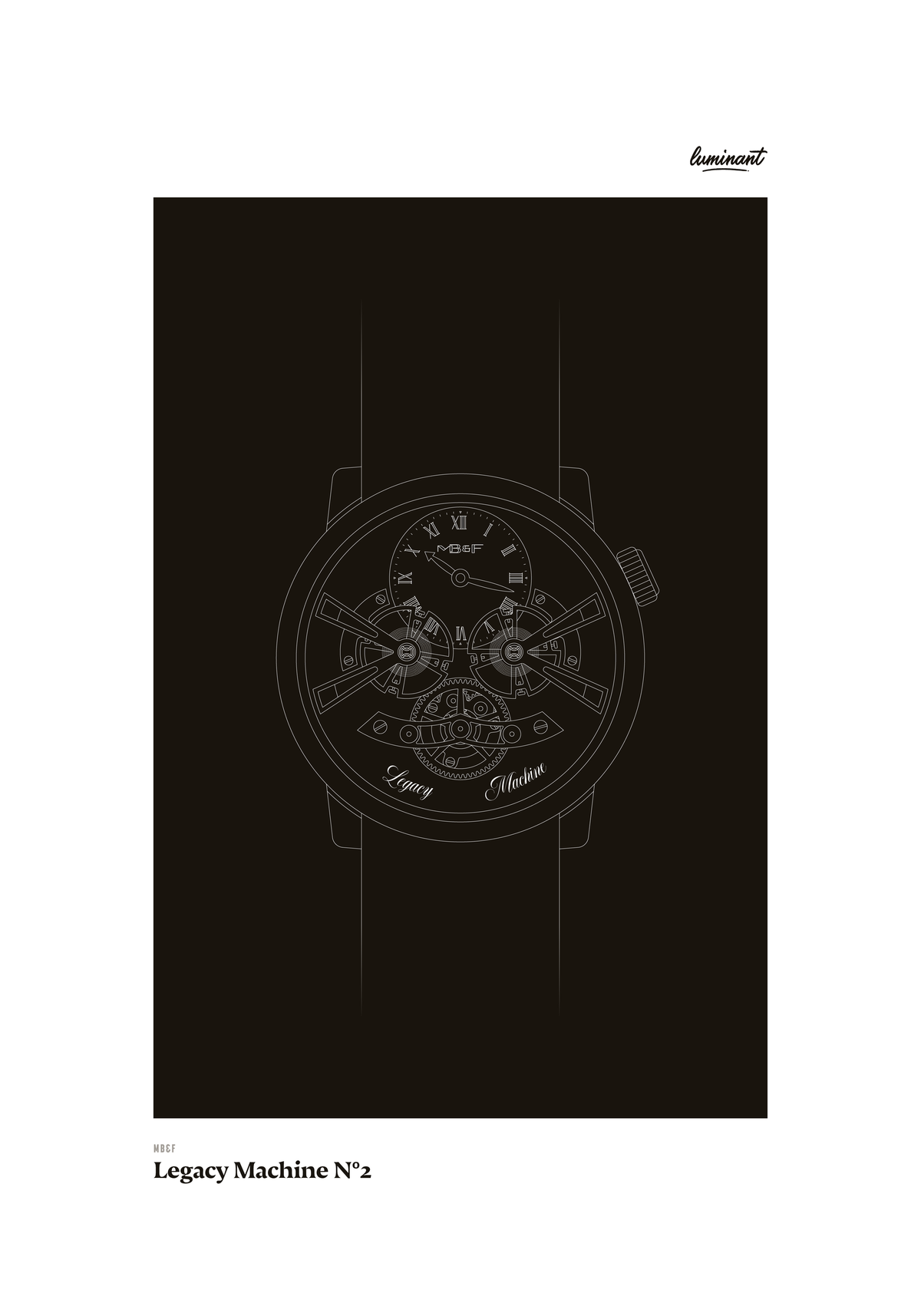 MB&F Legacy Machine No. 2 art print — Monochrome illustration on a dark background, unframed