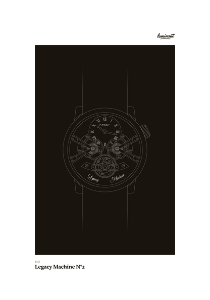 MB&F Legacy Machine No. 2 art print — Monochrome illustration on a dark background, unframed