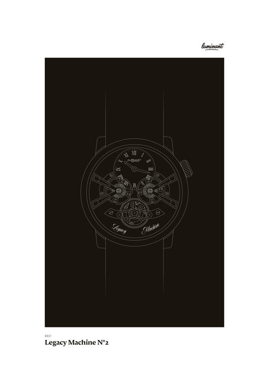 MB&F Legacy Machine No. 2 art print — Monochrome illustration on a dark background, unframed