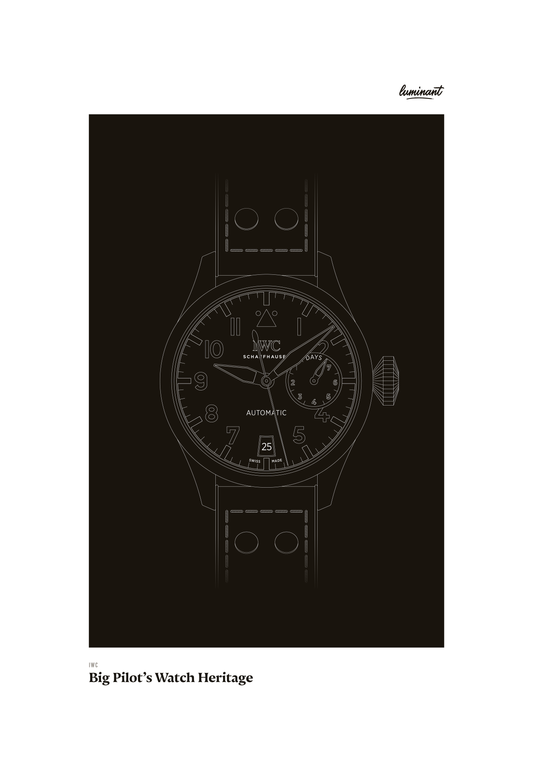 IWC Big Pilot art print — Monochrome illustration on a dark background, unframed