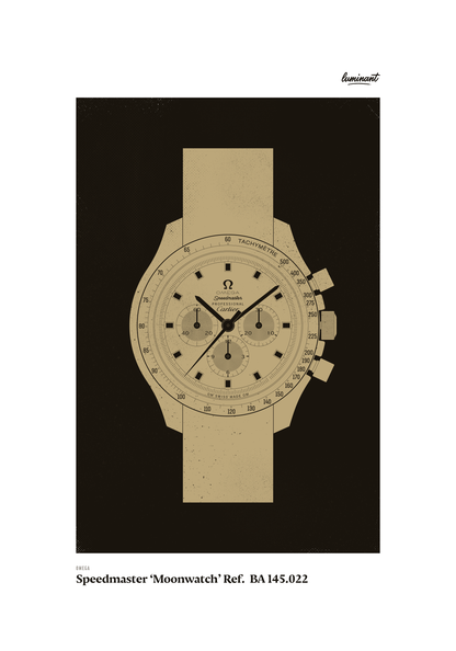 Omega Speedmaster art print — Gold illustration on a dark background, unframed